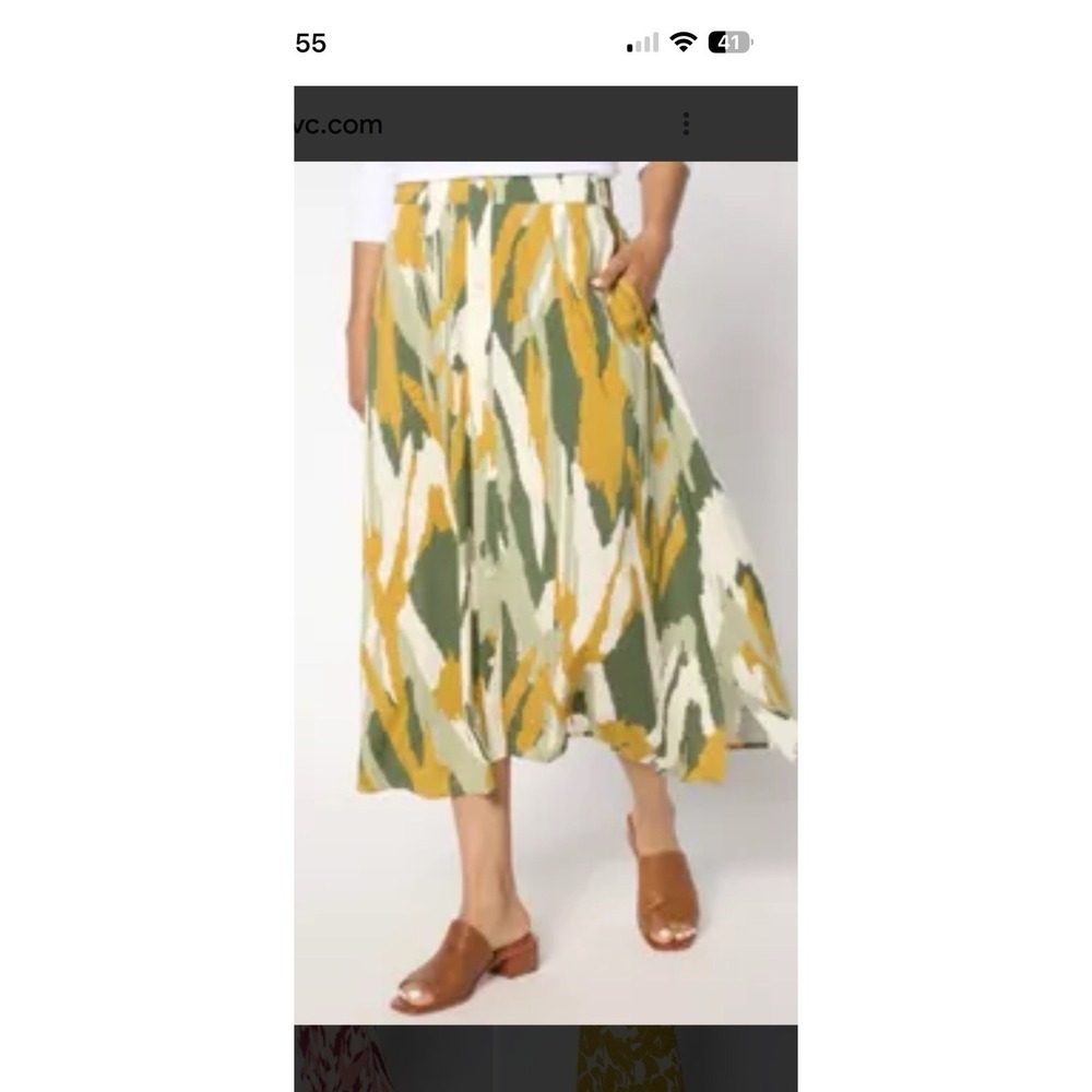 Denim And Co Petite Printed Midi Skirt With Pockets Olive Green Abstract Size 1X